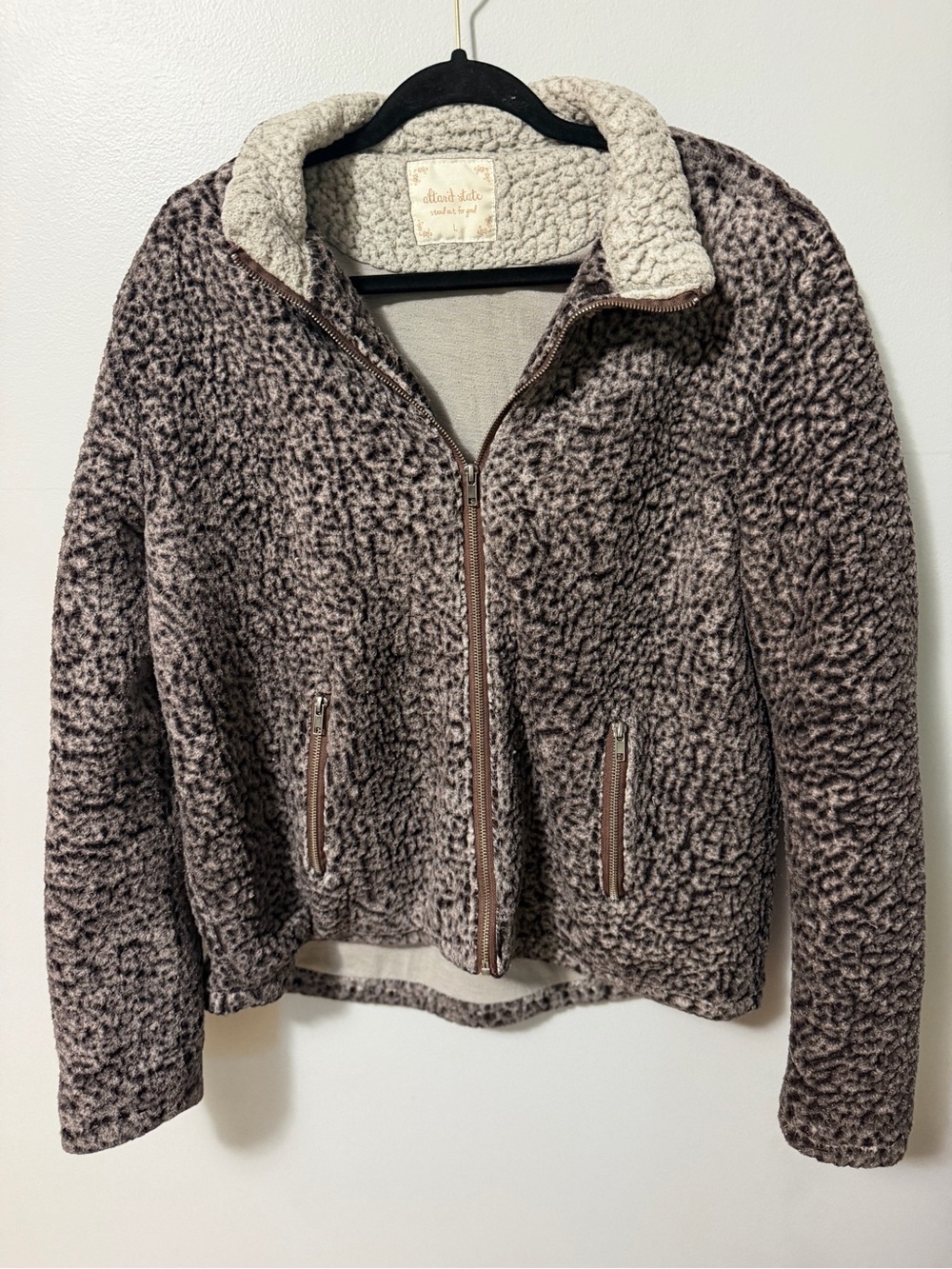 Altar’d State Womens Large Teddy Sherpa Fleece Jacket Brown Taupe Full Zip Coat